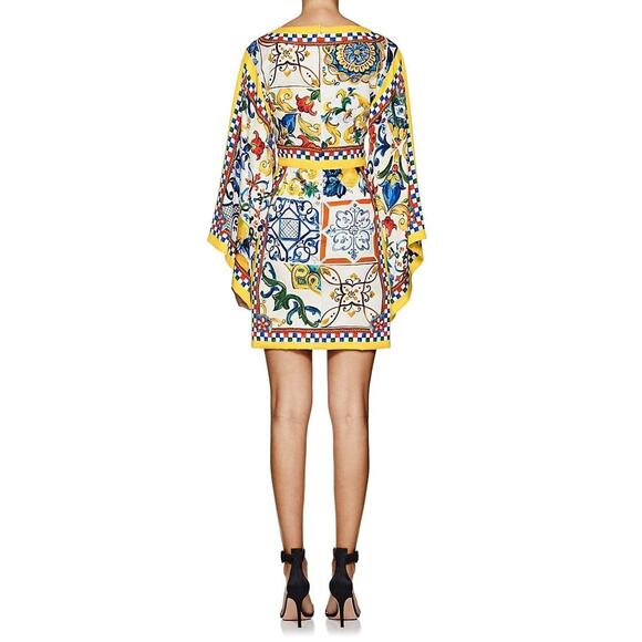 NWT Dolce & Gabbana White Yellow Majolica print Silk Charmeuse Dress IT 42 M - Picture 3 of 12